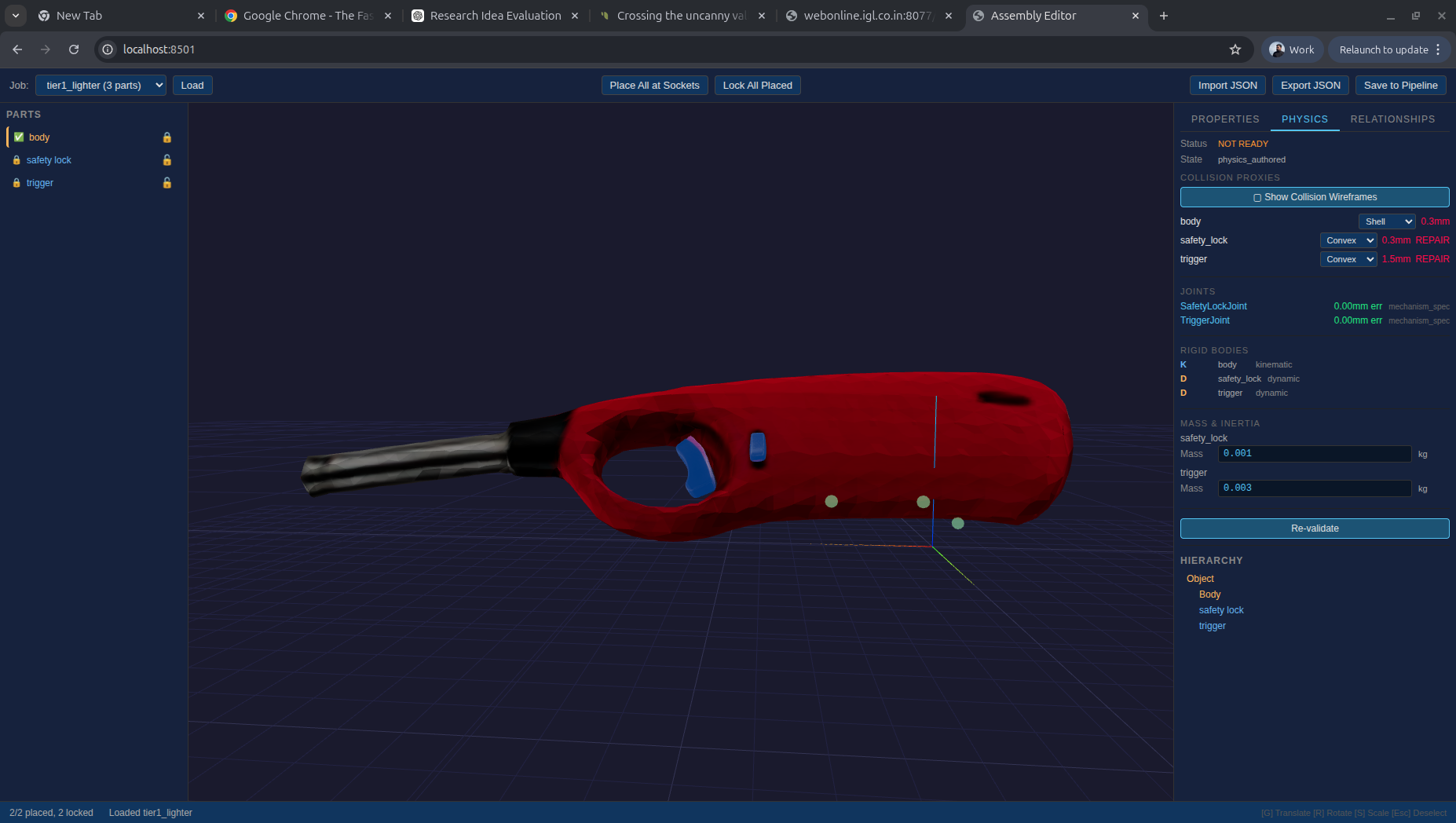 3D model of the same lighter in the assembly editor showing reconstructed geometry and part structure