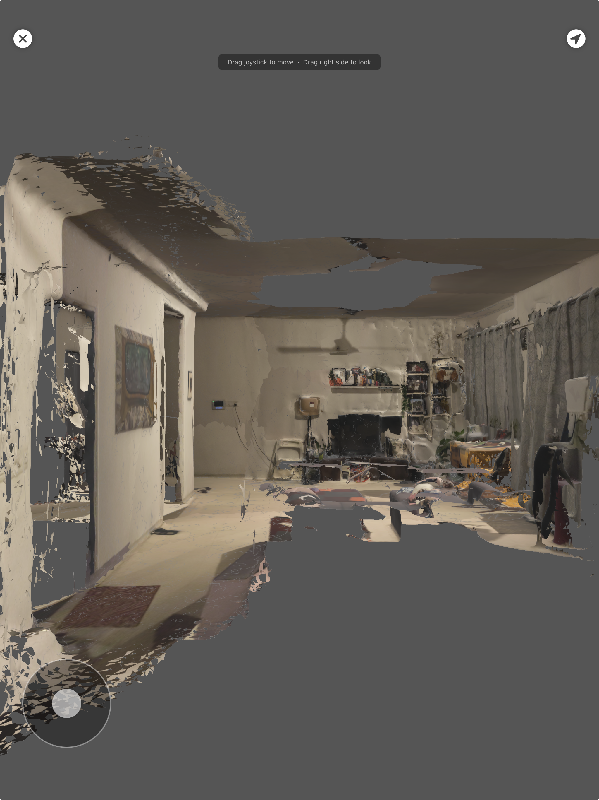 CLAP room scan: wide view of the captured room showing depth coverage and textured surfaces