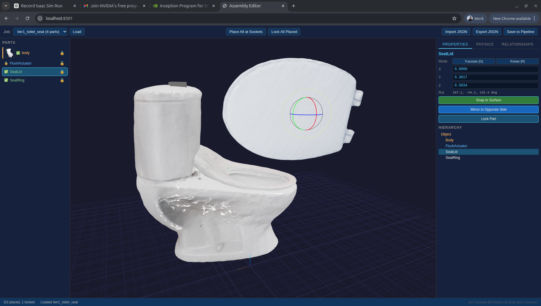 Toilet decomposed into body and lid as separate articulated components with joint axes shown