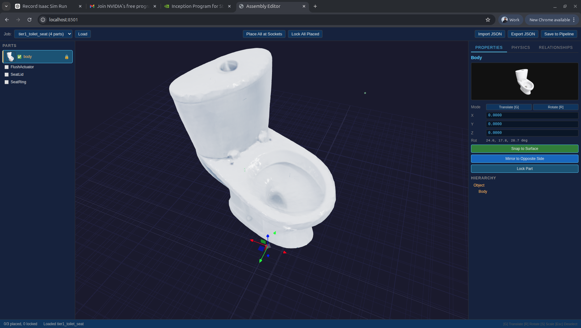 Toilet captured as a single assembled object in the assembly editor