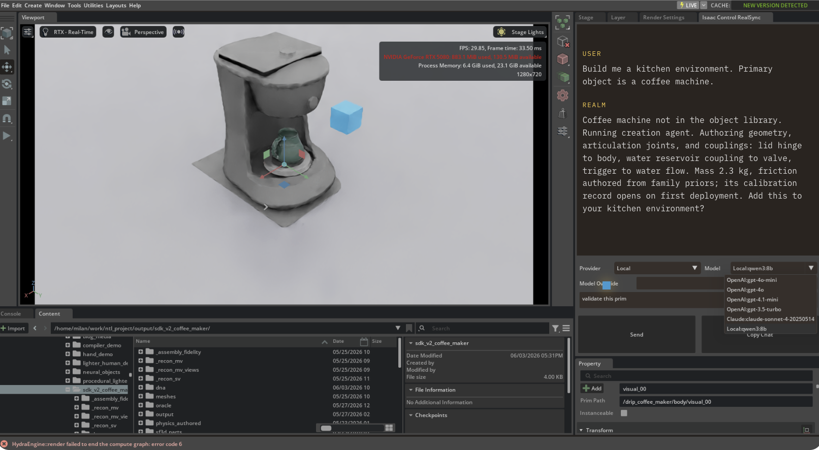 Coffee machine digital twin built by Realm in Isaac Lab: geometry, physics, and couplings authored from description