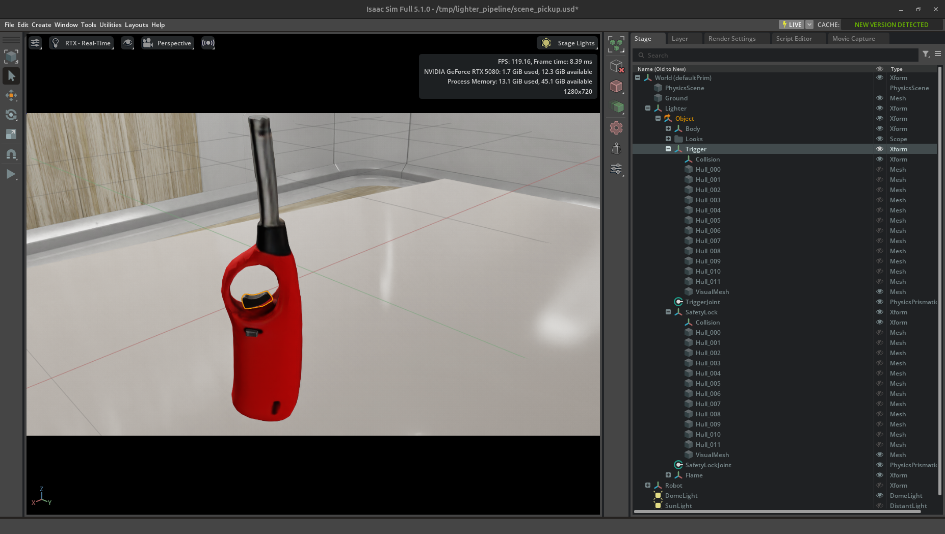 Lighter asset loaded in Isaac Lab: physics, articulation, and scene ready for training